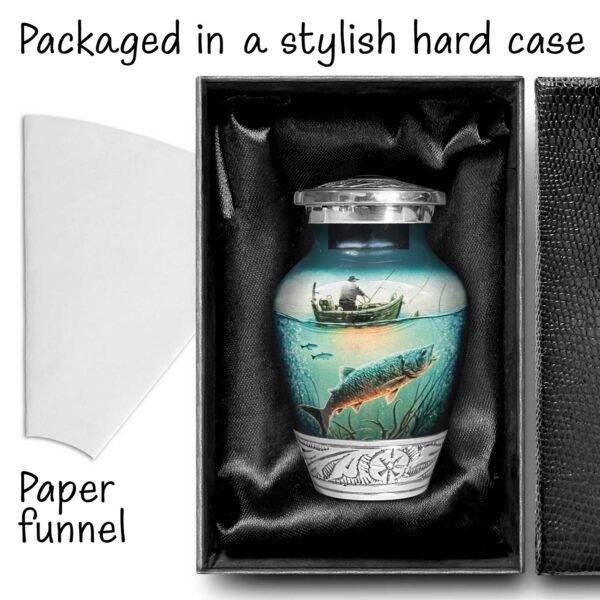 Fishing fish urn adult human ashes keepsake funeral memorial remembrance loved tribute metal lost died keepsake nature cremation decorative urnas para cenizas humanas adultos burial women men dad mom mum fisherman boat bass salmon trout carp walleye