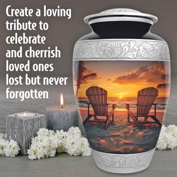 Beach sunset sunrise urn adult human ashes large funeral memorial remembrance loved tribute metal lost died keepsake nature cremation decorative urnas para cenizas humanas adultos burial women men dad mom mum ocean wave sand palm sea horizon chair