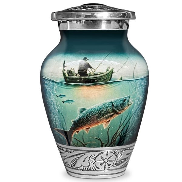 Fishing fish urn adult human ashes keepsake funeral memorial remembrance loved tribute metal lost died keepsake nature cremation decorative urnas para cenizas humanas adultos burial women men dad mom mum fisherman boat bass salmon trout carp walleye