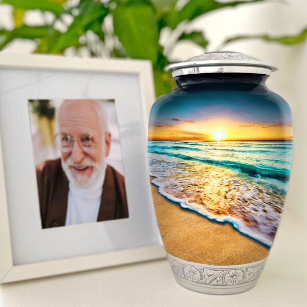 Beach sunset sunrise urn adult human ashes large funeral memorial remembrance loved tribute metal lost died keepsake nature cremation decorative urnas para cenizas humanas adultos burial women men dad mom mum ocean wave sand palm sea horizon chair