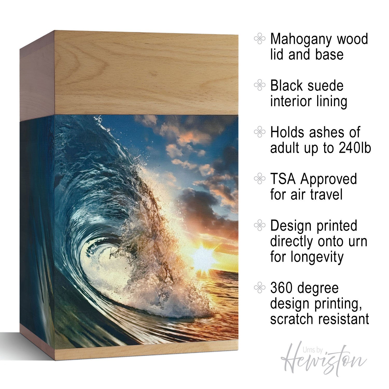Large wooden cremation urn with ocean wave design, handcrafted memorial urn for adult human ashes