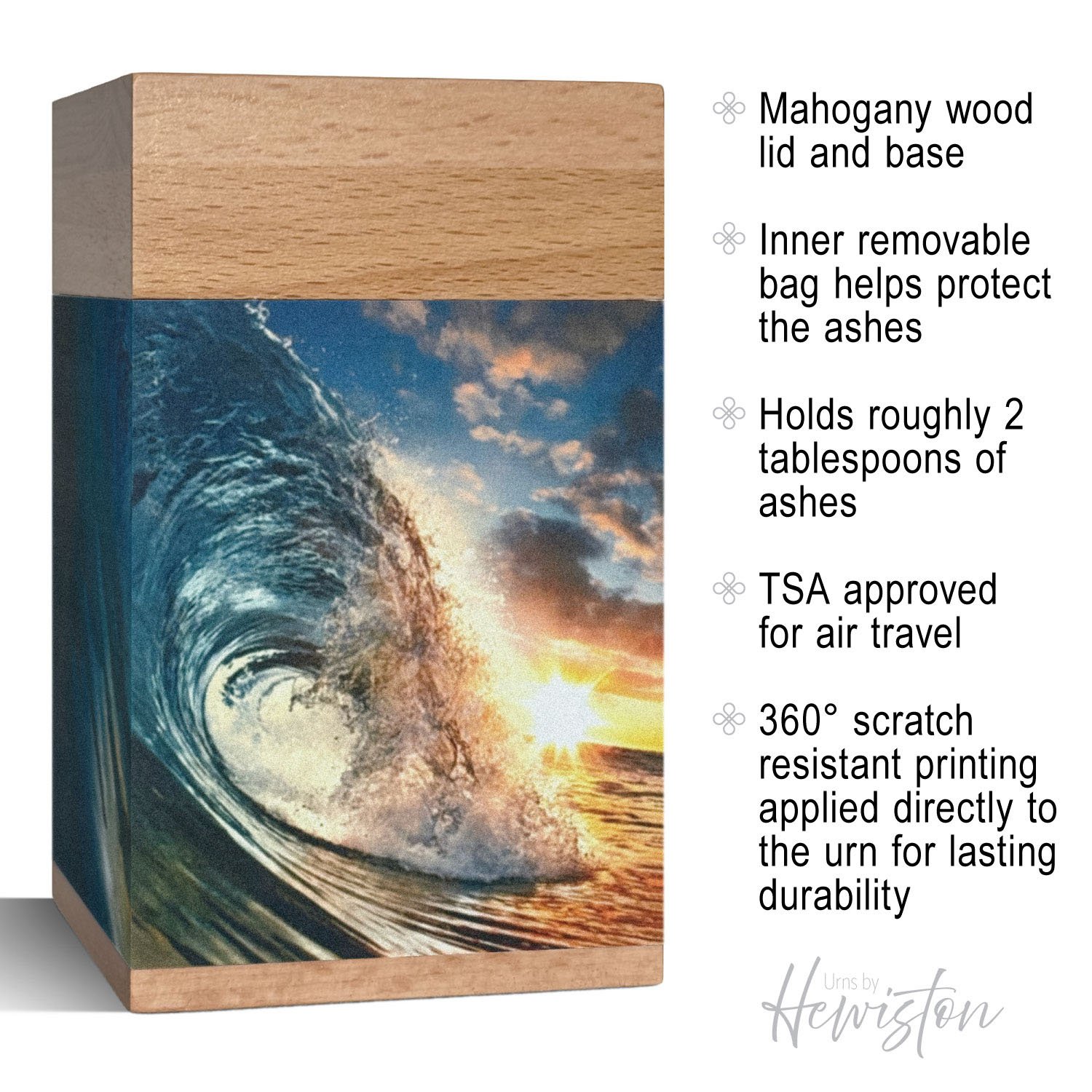 Large wooden cremation urn with ocean wave design, handcrafted memorial urn for adult human ashes