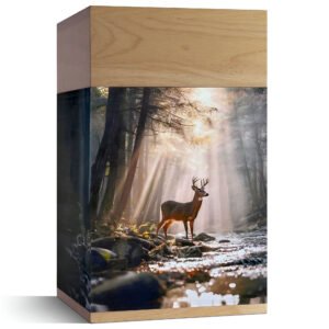 Large wooden cremation urn with deer by forest stream design, handcrafted memorial urn for adult human ashes