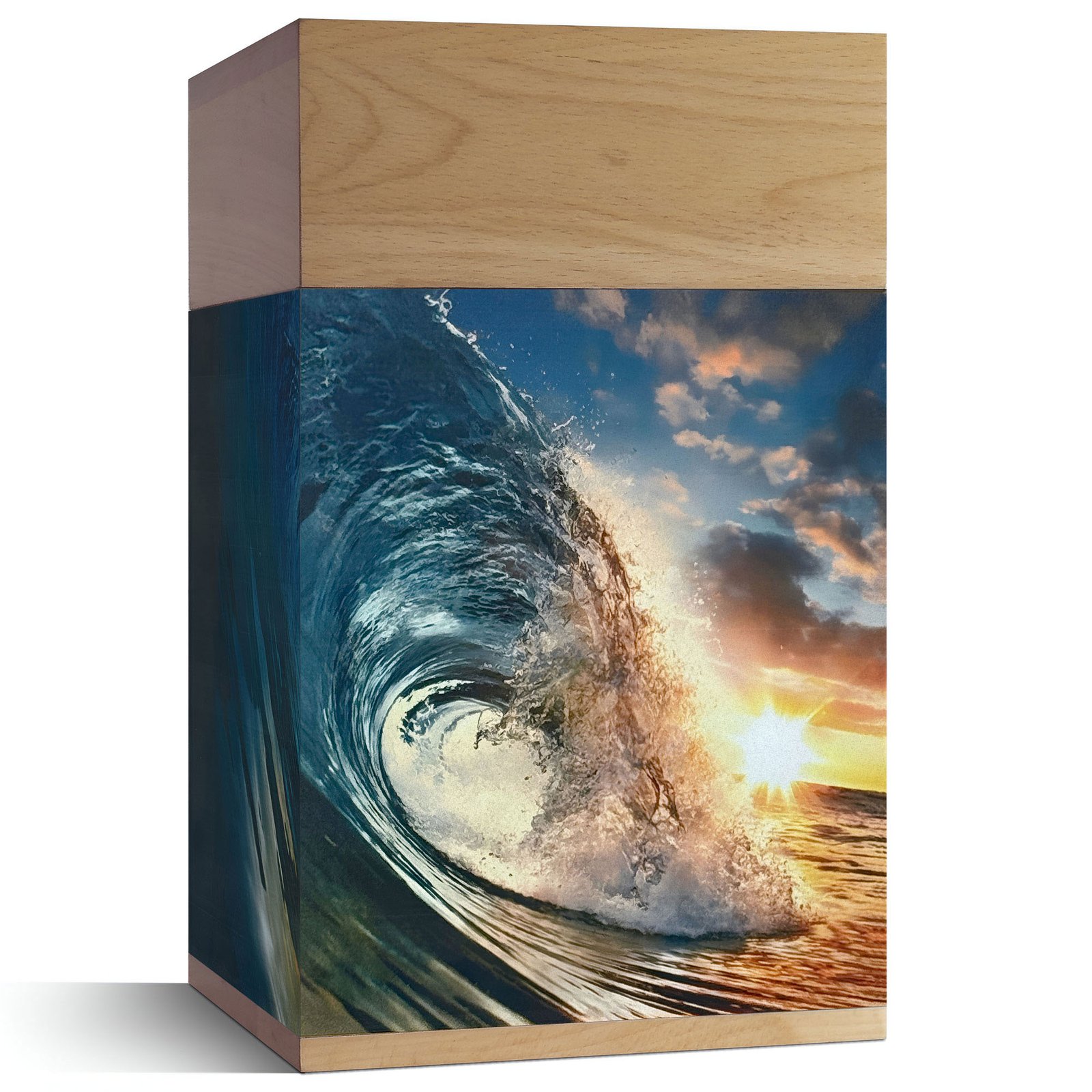 Large wooden cremation urn with ocean wave design, handcrafted memorial urn for adult human ashes