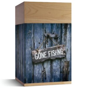 Wooden Urn for Ashes Adult Male or Female | Large ‘Gone Fishing’ Cremation Memorial | Handcrafted Wood Funeral