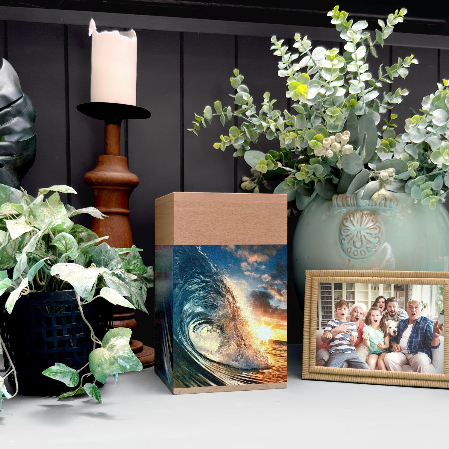 Large wooden cremation urn with ocean wave design, handcrafted memorial urn for adult human ashes