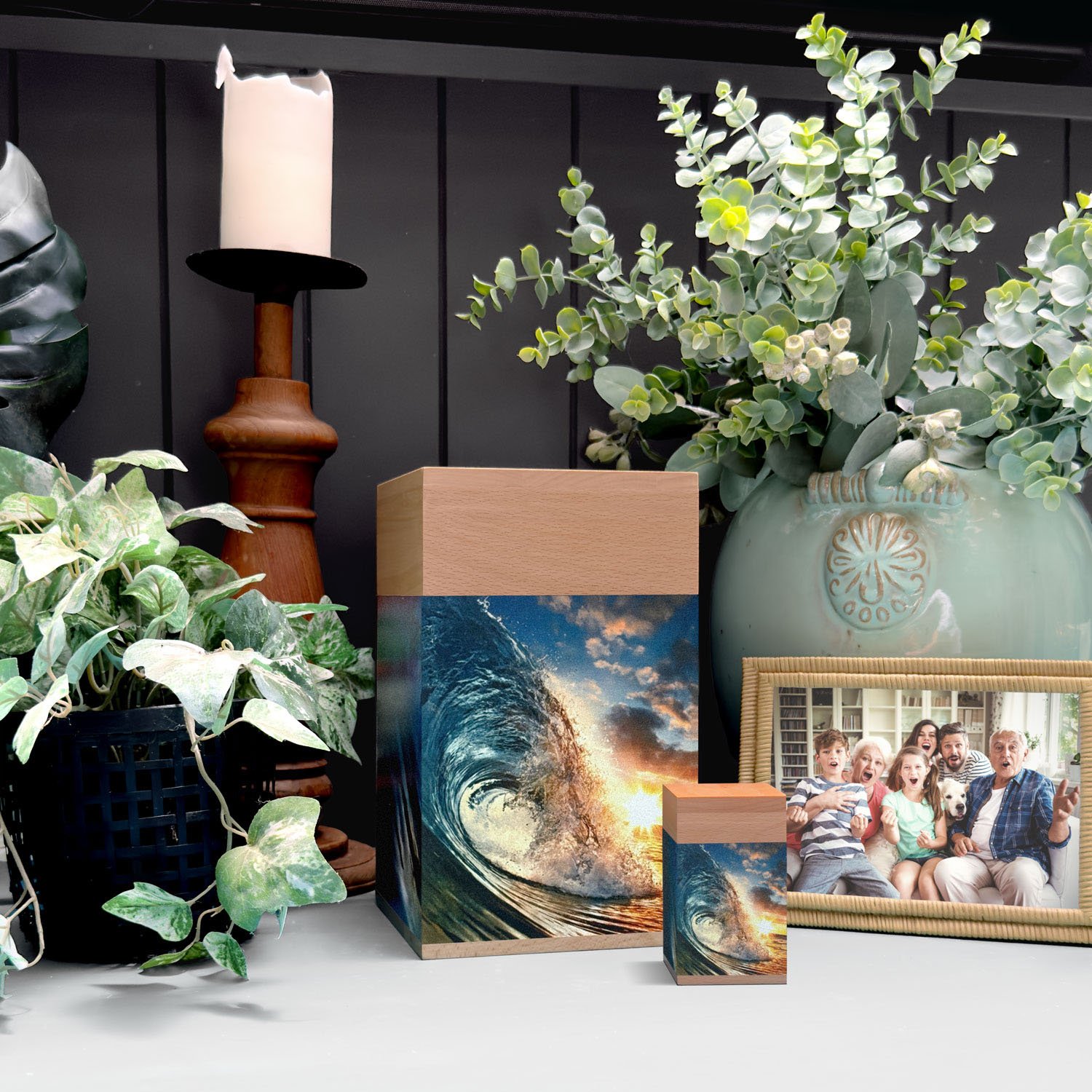 Large wooden cremation urn with ocean wave design, handcrafted memorial urn for adult human ashes