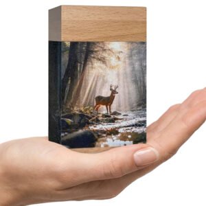 Small wooden cremation urn with deer by forest stream design, handcrafted memorial urn for adult human ashes