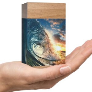 Large wooden cremation urn with ocean wave design, handcrafted memorial urn for adult human ashes
