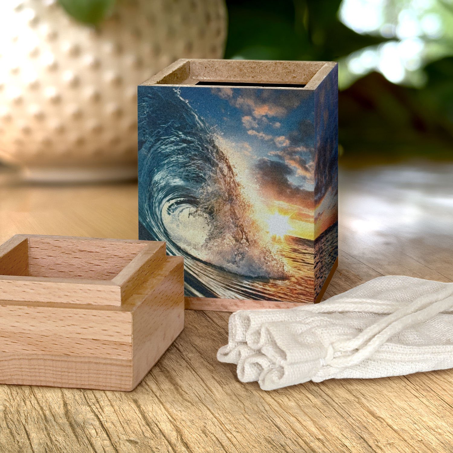 Large wooden cremation urn with ocean wave design, handcrafted memorial urn for adult human ashes