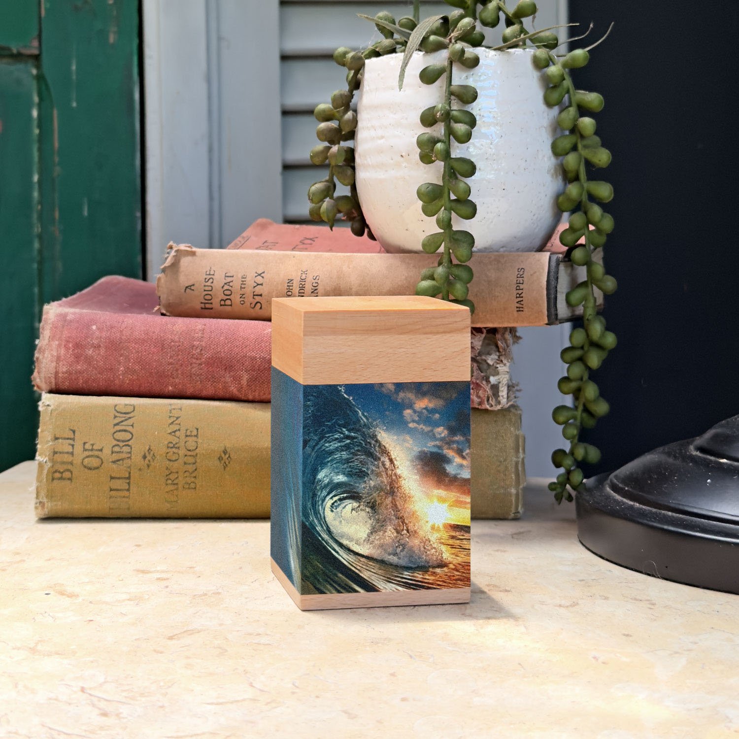 Large wooden cremation urn with ocean wave design, handcrafted memorial urn for adult human ashes