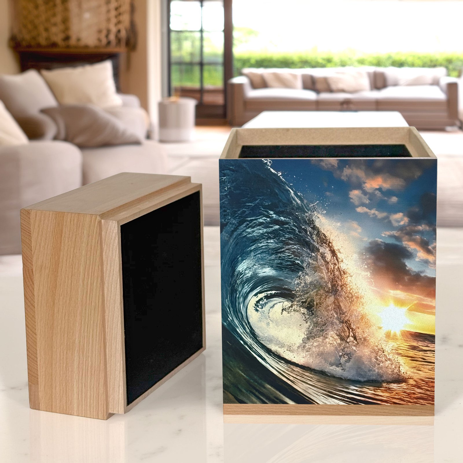 Large wooden cremation urn with ocean wave design, handcrafted memorial urn for adult human ashes