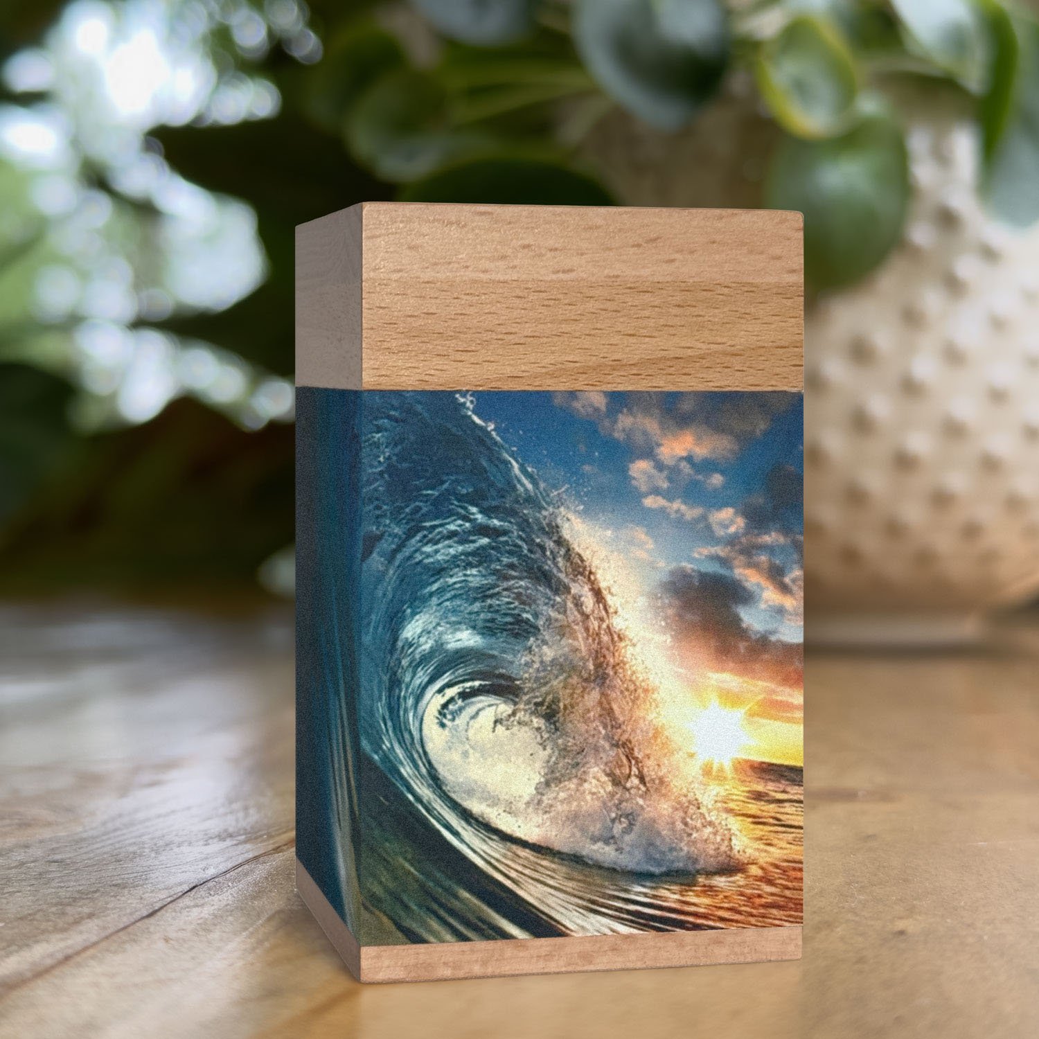 Large wooden cremation urn with ocean wave design, handcrafted memorial urn for adult human ashes